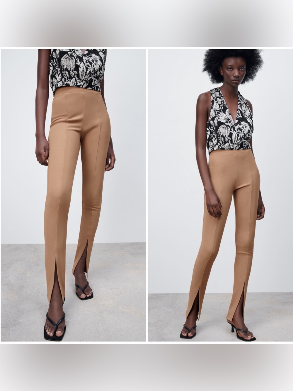 Zara Women's Front Slit Ribbed High Waisted Pants Leggings Tan Sz L NWT
